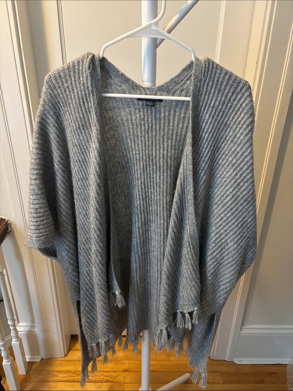 Gray Open-Front Ribbed Knit Sweater Wrap with Fringe